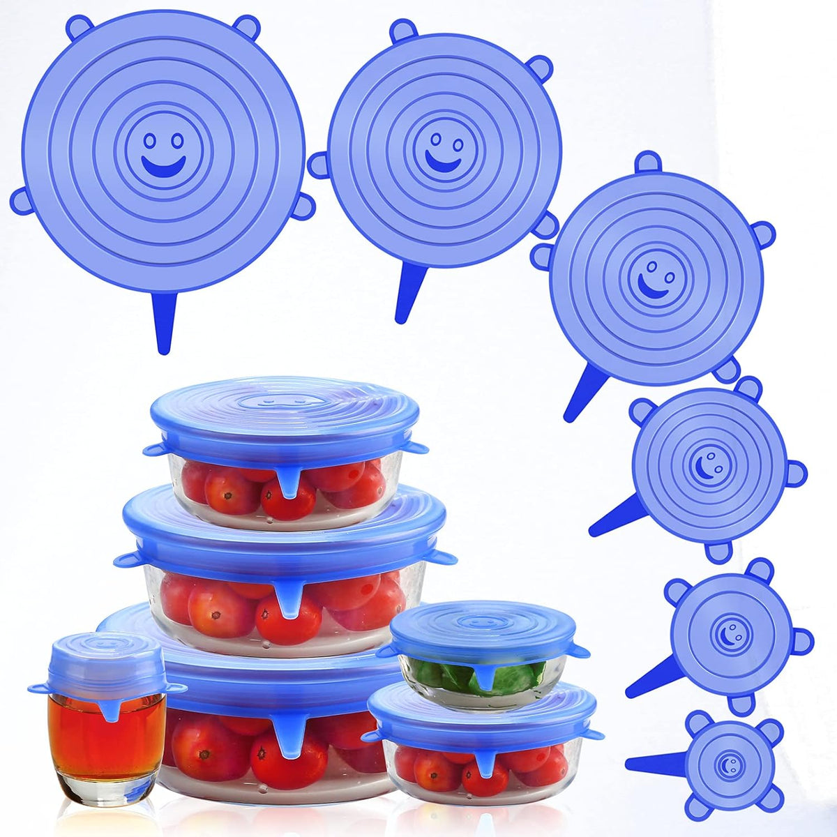 6- pcs Silicone Stretch lids set, 6 Sizes, Reusable Food Storage Covers ，Silicone Bowl Covers，Flexible to Fit All Shape of Containers，Food Cover to Keep Food Fresh (blue)