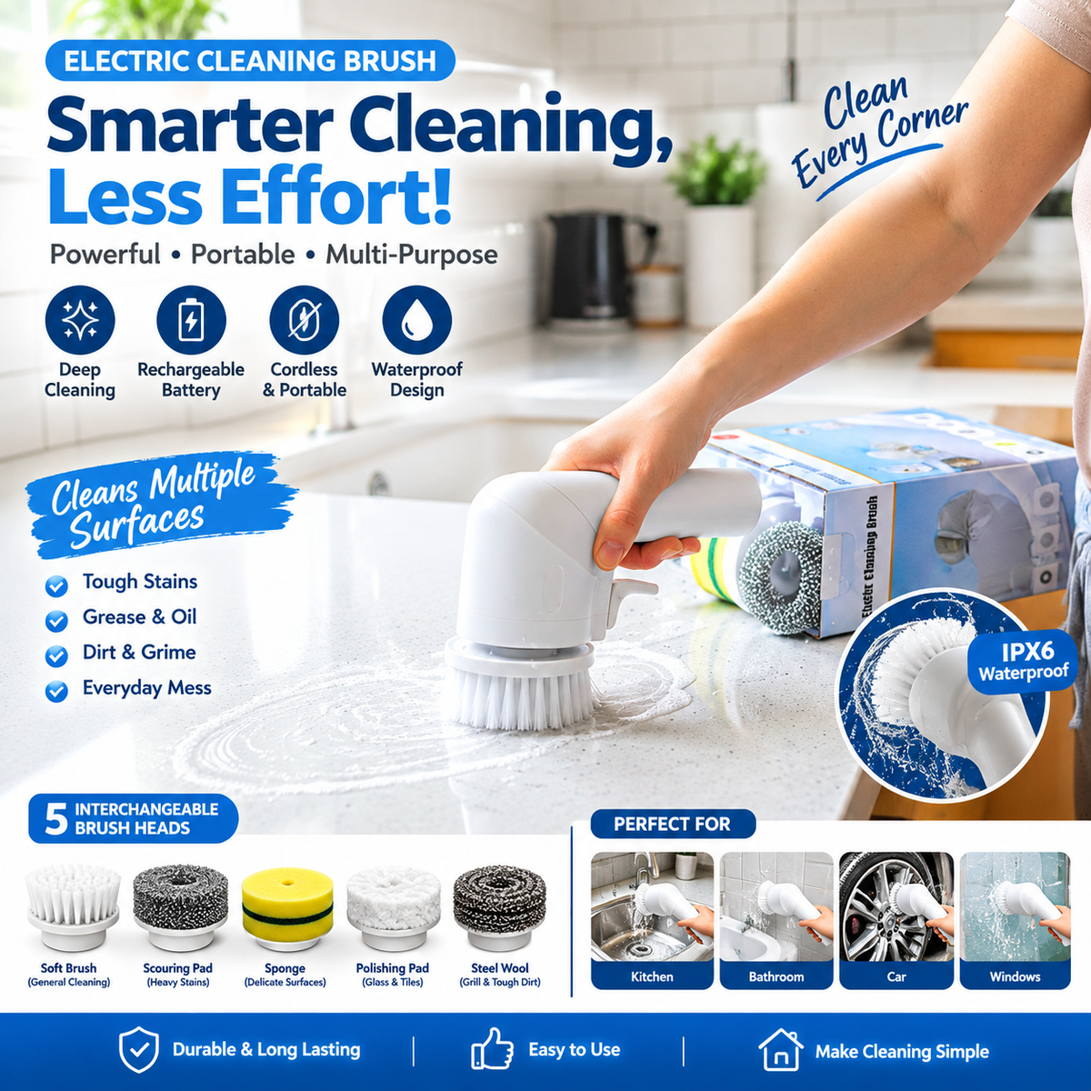 Electric Spin Cleaning Brush – Cordless 360° Rotating Scrubber with 5 Brush Heads
