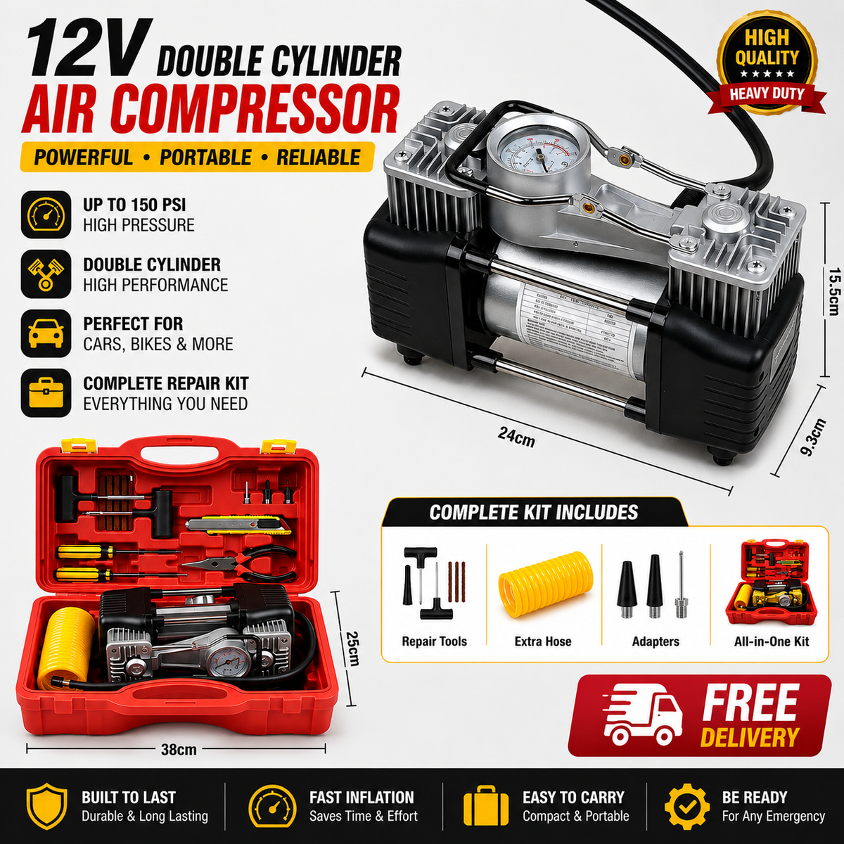12V Double Cylinder Car Air Compressor & Complete Tyre Repair Kit
