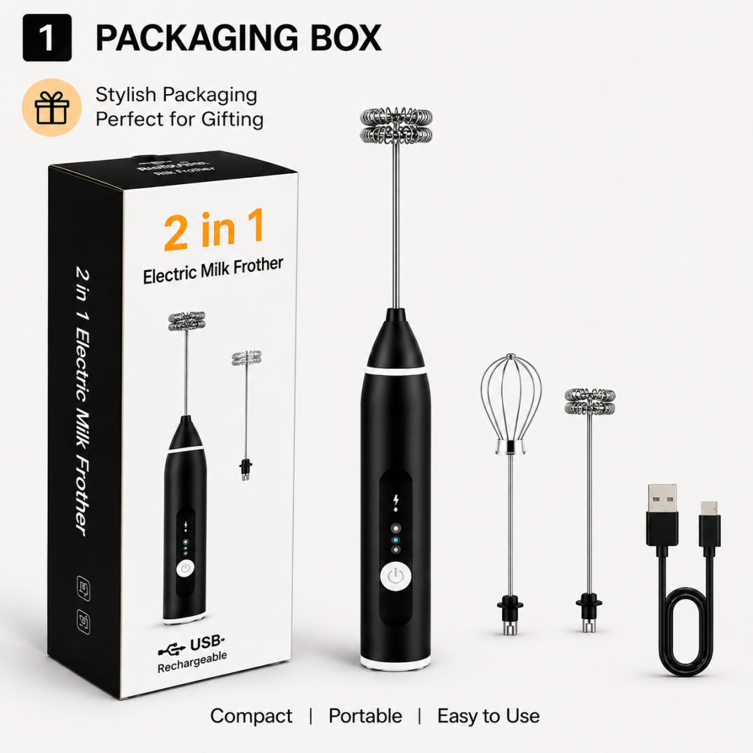 2 in 1 USB Rechargeable Electric Milk Frother & Coffee Beater | Egg Whisk | Portable Kitchen Mixer