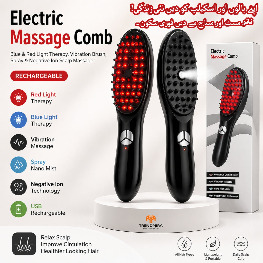 Electric Scalp Massage Comb with Blue & Red Light Therapy | Rechargeable Vibration Hair Brush with Mist Spray & Negative Ion Technology for Hair Growth & Healthy Scalp