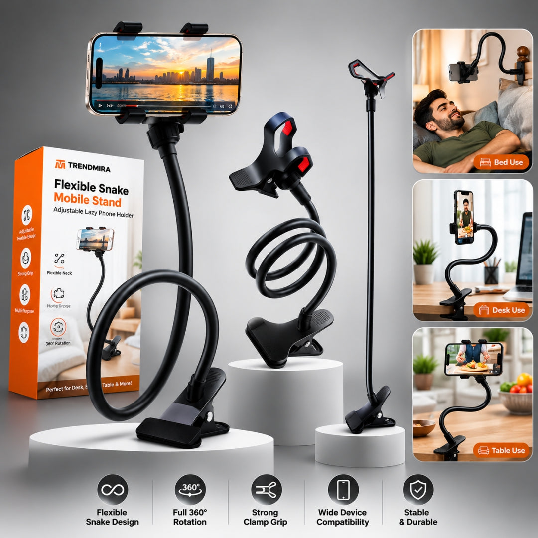 Flexible Snake Mobile Stand – 360° Adjustable Lazy Phone Holder with Strong Clamp for Bed, Desk & Table (Black)