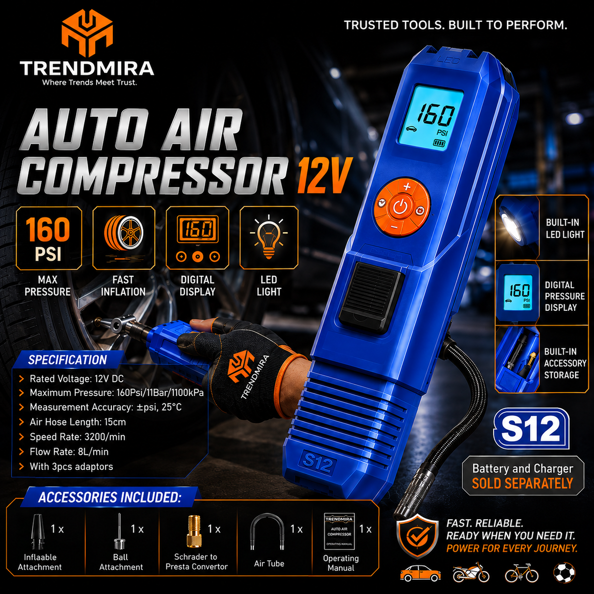 Cordless Auto Air Compressor 160 PSI – Portable Digital Tyre Inflator with LED Light