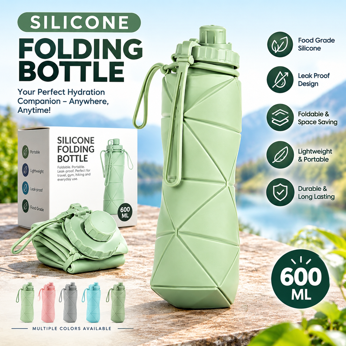 Silicone Foldable Water Bottle – Lightweight, Portable & Space Saving | 600ML | Collapsible  Design (Random Color)